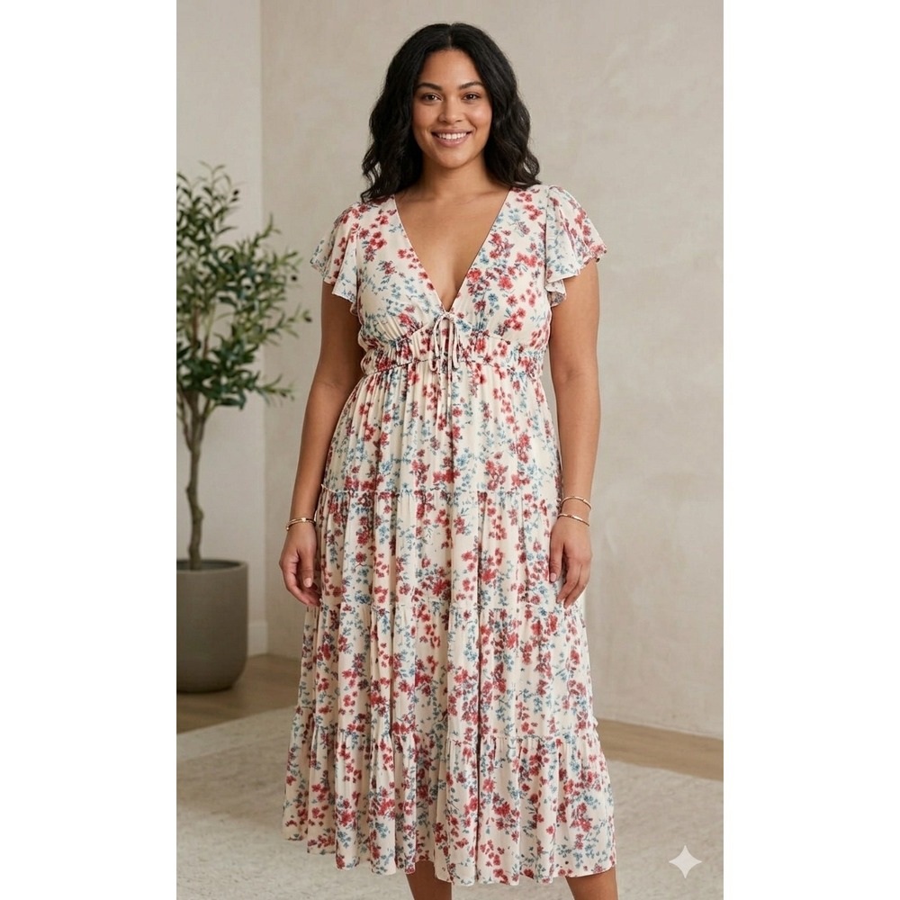 NWT Better‎ Together Floral Maxi Dress Womens XL White Red Tiered Flutter